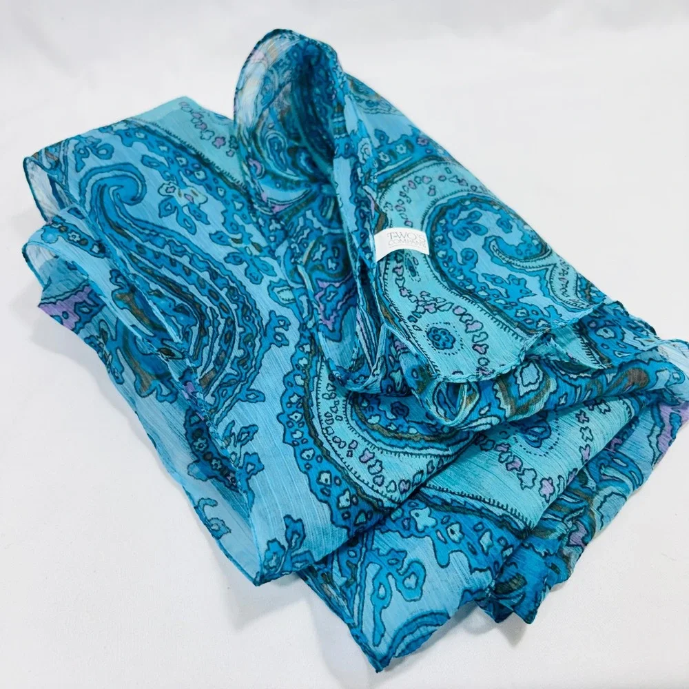 Twos Company Paisley Scarf Turquoise Blue Purple Sheer Lightweight Boho Wrap